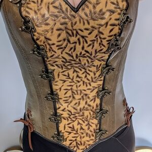 Custom Crafted Brown Tan Leather Floral Corset Metal Clasps Size 10
